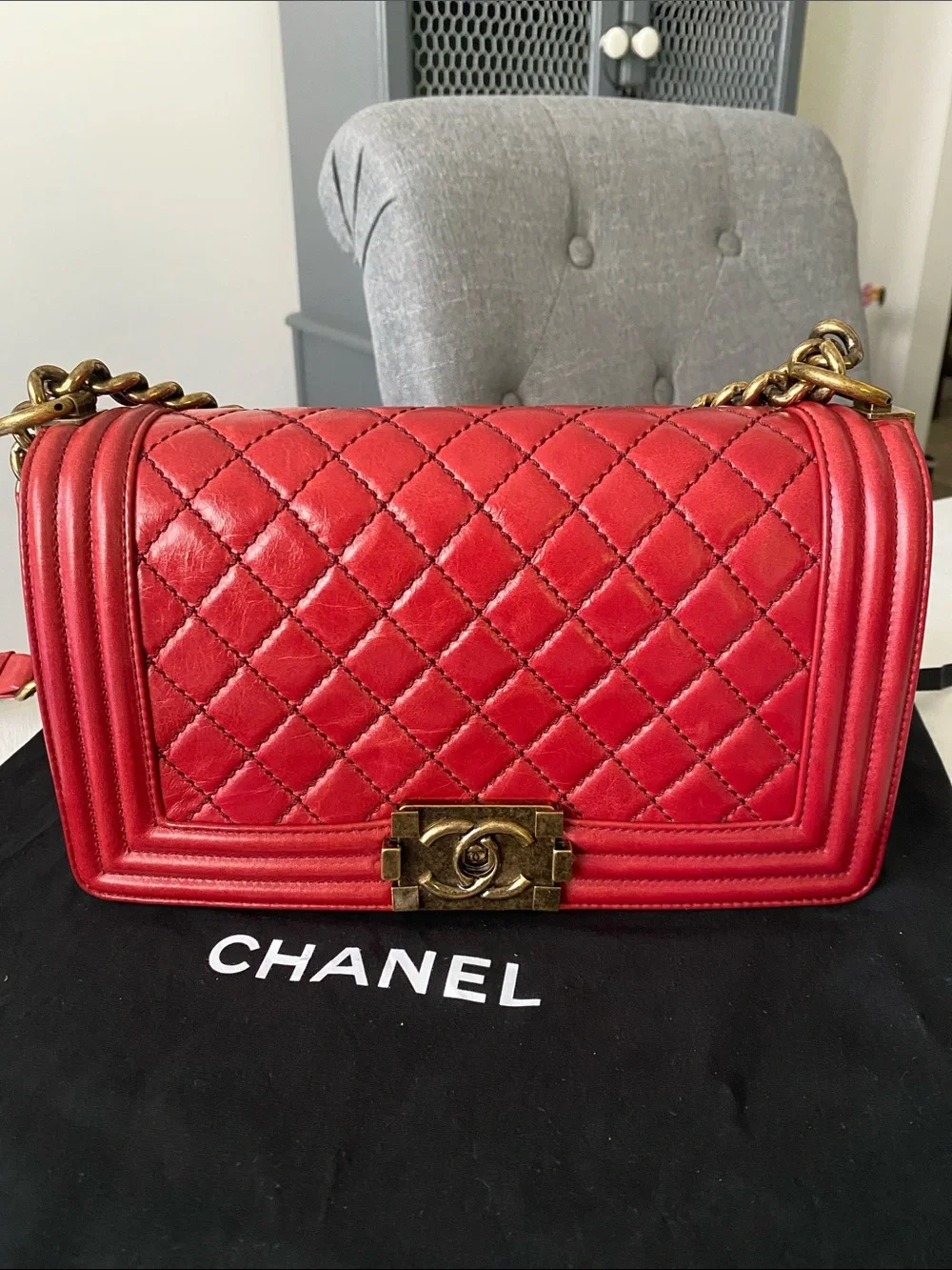 Chanel Boy Red Medium Bag Gold Hardware Comes Full Set: COA, Dust Bag, Box